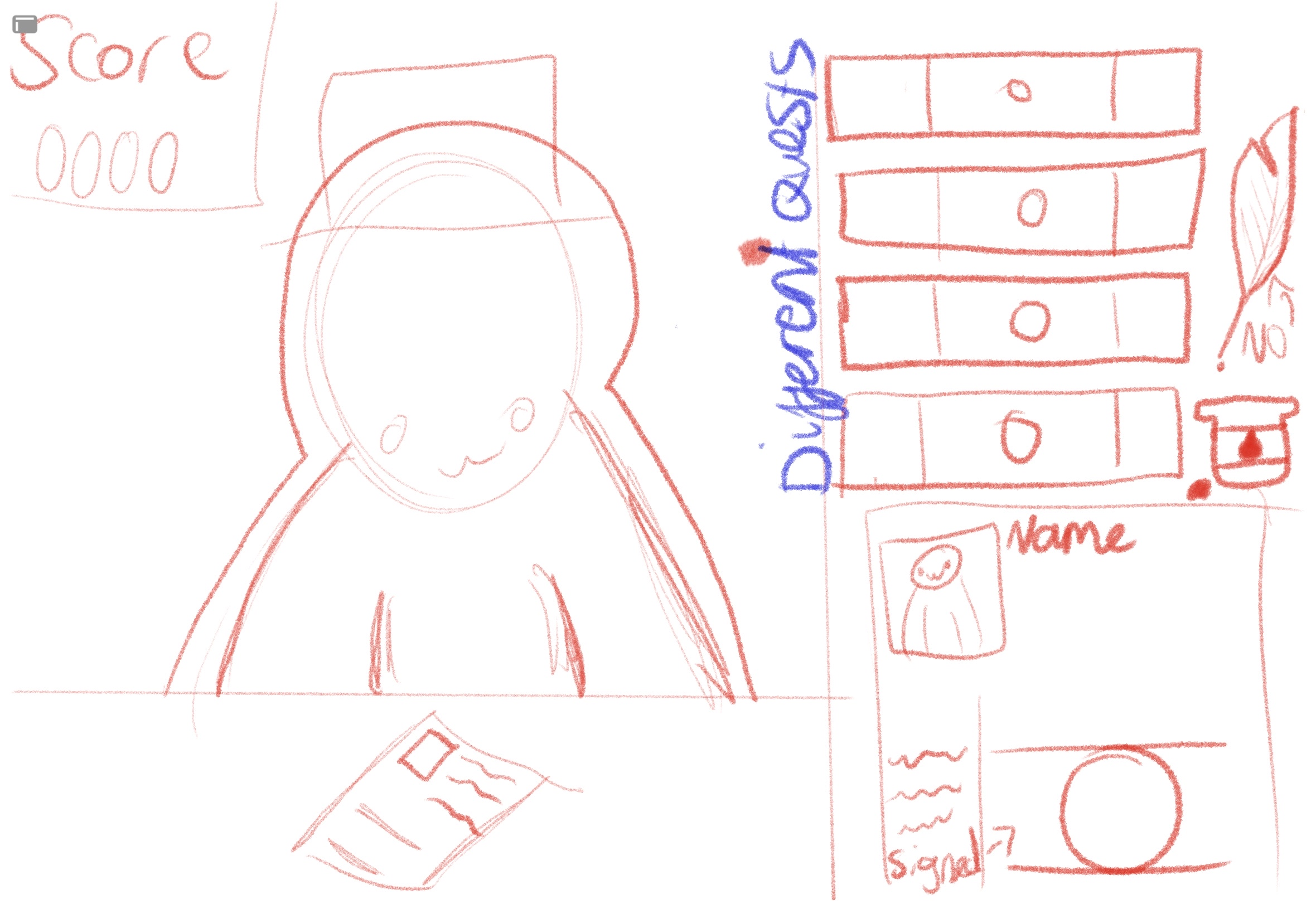 What I want the game to look like. A paper-cutout-like character with a hat stands on the left of the screen. On the center bottom is a piece of paper that looks like an official document. On the right top and center is a set of drawers which each have a different stamp inside next to a quill with a pot of ink. At the bottom is a larger version of the paperwork that you must stamp or deny.